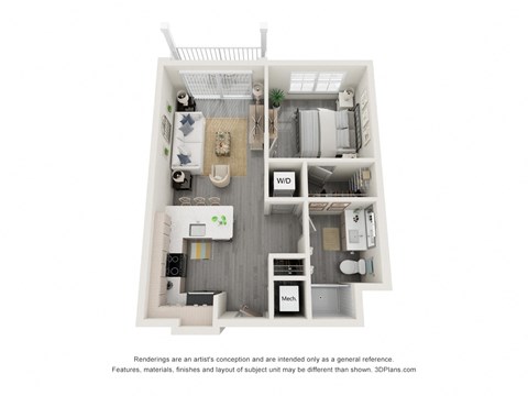 Floor plan for 1 bed, 1 bath, 615 sqft
